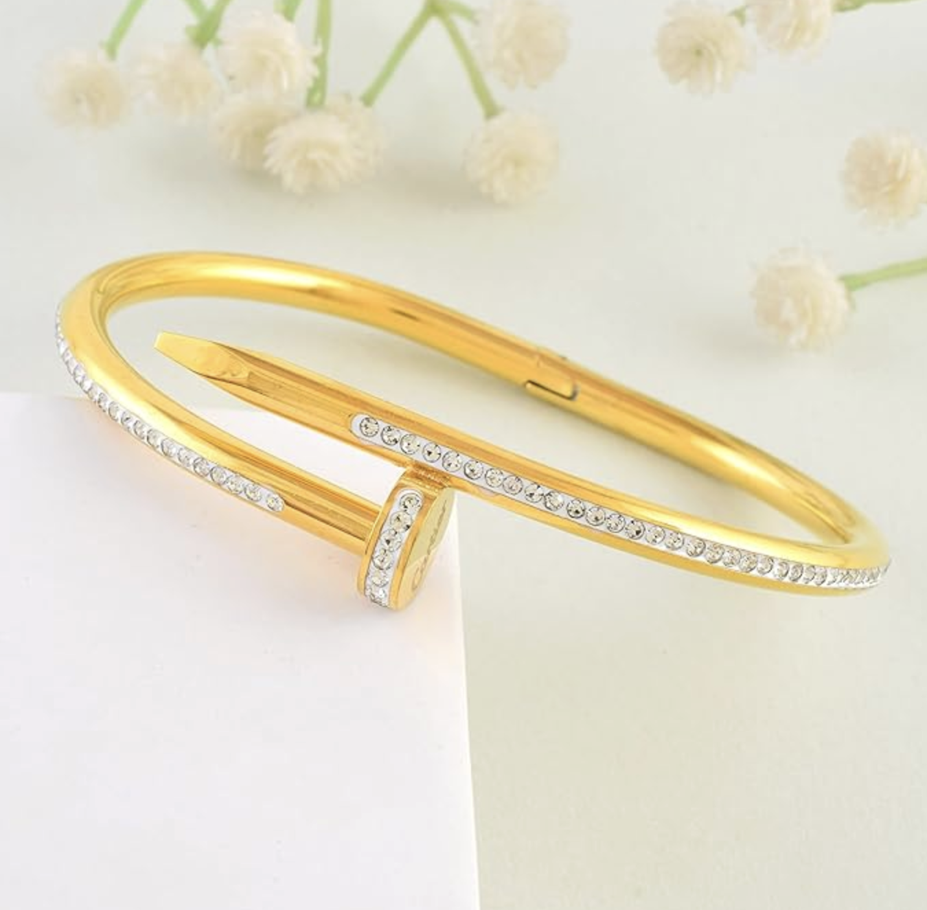 Imitation Diamond-Studded Gold-Plated Nail Design Bangle, Stainless Steel Cuff kada Bracelet LOVE collection for Men Women Branded BY Minsum - Image 4